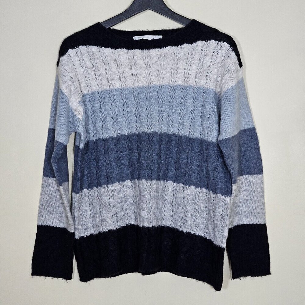 Skovhuus Skandinavian Sweater M Blue Gray LS Minimalist Cable Knit Cottage Wool